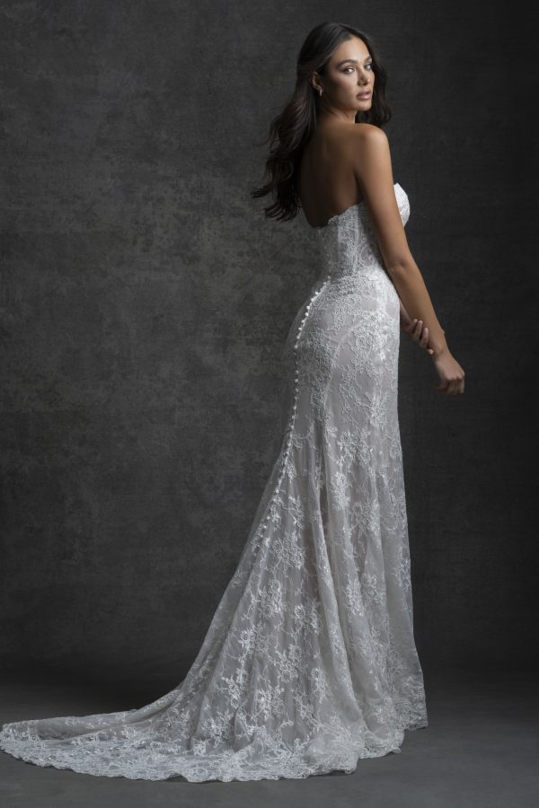 Modern And Feminine Lace Sheath Wedding Dress With Corset by Allure Bridals - Image 2