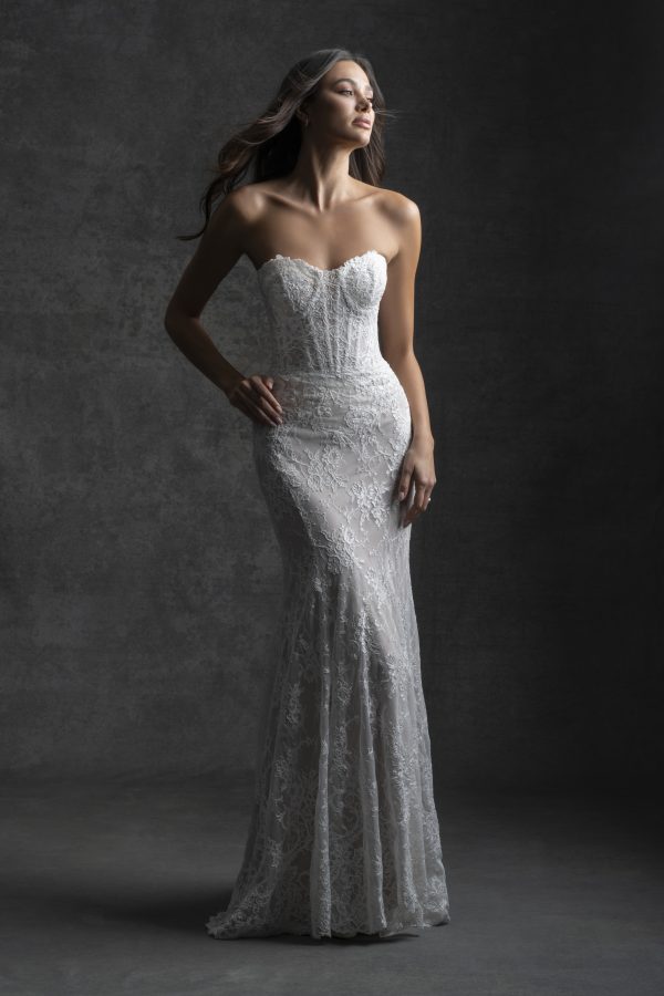 Modern And Feminine Lace Sheath Wedding Dress With Corset by Allure Bridals - Image 1