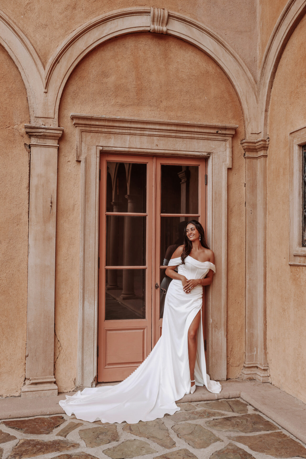 Chic And Modern Fit-and-Flare Wedding Dress With Slit And Detachable Off-The-Shoulder Shawl by Essense of Australia - Image 1