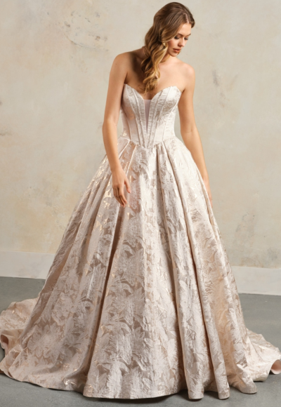 Strapless Basque-Waist Floral Jacquard Ball Gown by Maggie Sottero