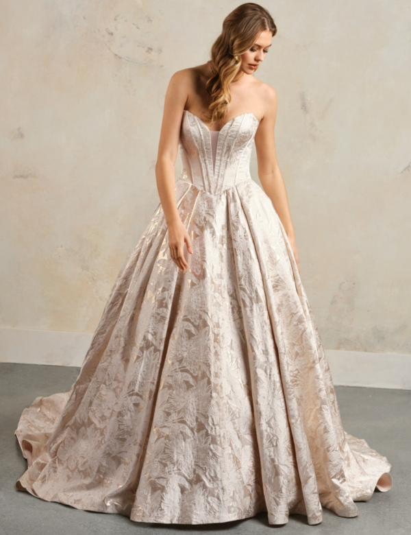 Strapless Basque-Waist Floral Jacquard Ball Gown by Maggie Sottero - Image 1