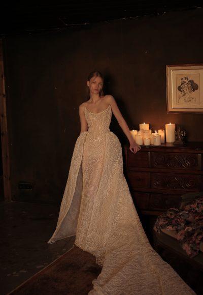 Regal And Romantic Lace Fit-and-Flare Wedding Dress With Detachable Overskirt by Eden Aharon