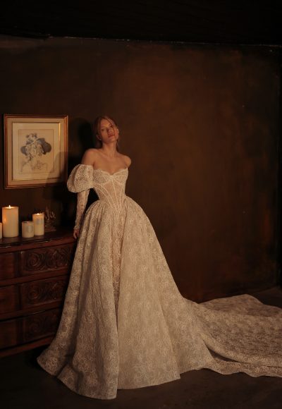 Romantic Corset Lace Ball Gown With Detachable Puff Sleeves by Eden Aharon