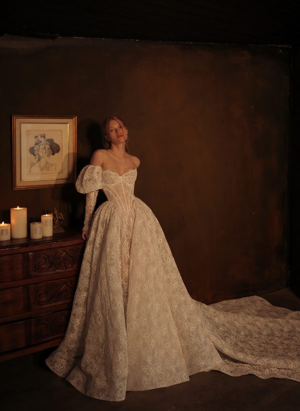 Romantic Corset Lace Ball Gown With Detachable Puff Sleeves by Eden Aharon - Image 1