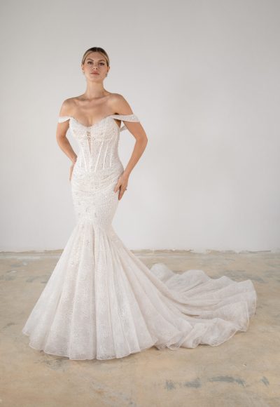 Embellished Off-the-Shoulder Fit-and-Flare Wedding Dress by Martina Liana Luxe