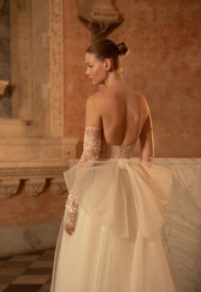 Embellished Floral Fit-and-Flare Wedding Dress With Detachable Sleeves, Overskirt, And Bow by Lee Petra Grebenau - Image 2