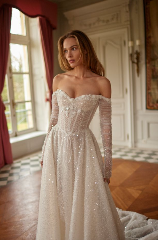 Embellished Basque-Waist A-Line Wedding Dress With Off-the-Shoulder Long Sleeves by Netta BenShabu Elite Couture - Image 1