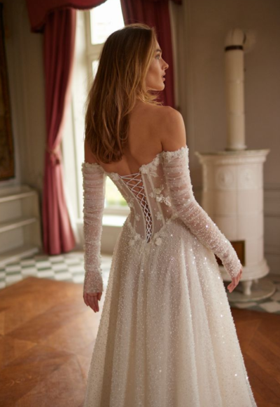 Embellished Basque-Waist A-Line Wedding Dress With Off-the-Shoulder Long Sleeves by Netta BenShabu Elite Couture - Image 2