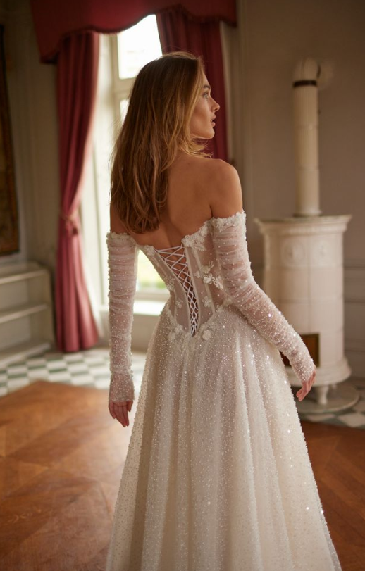 Embellished Basque-Waist A-Line Wedding Dress With Off-the-Shoulder Long Sleeves by Netta BenShabu Elite Couture - Image 2