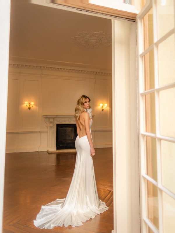 Sleek And Simple Satin Halter-Neck Fit-and-Flare Wedding Dress by Pnina Tornai - Image 3