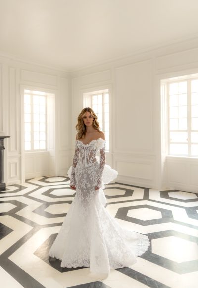 Romantic Off-The-Shoulder Lace Long Sleeve Fit-And-Flare Wedding Dress by Pnina Tornai