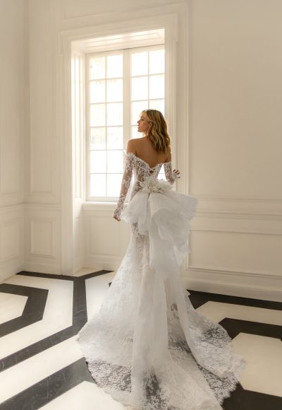 Romantic Off-The-Shoulder Lace Long Sleeve Fit-And-Flare Wedding Dress by Pnina Tornai - Image 3