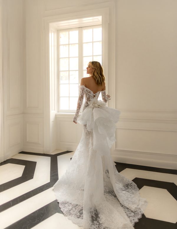 Romantic Off-The-Shoulder Lace Long Sleeve Fit-And-Flare Wedding Dress by Pnina Tornai - Image 3