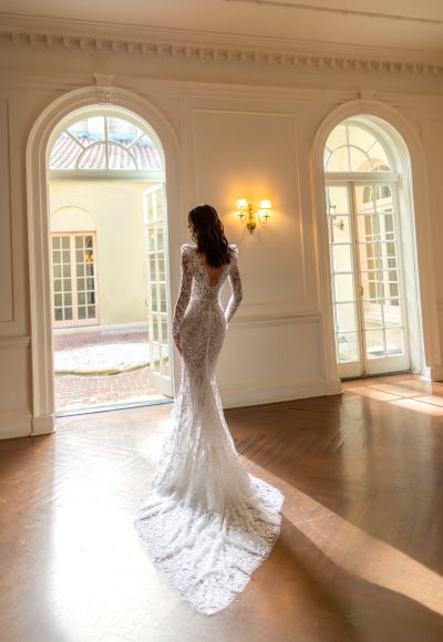 Chic And Romantic High-Neck Sheath Wedding Dress With Detachable Train by Pnina Tornai - Image 4