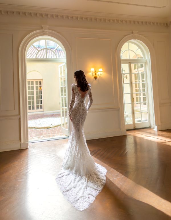 Chic And Romantic High-Neck Sheath Wedding Dress With Detachable Train by Pnina Tornai - Image 4