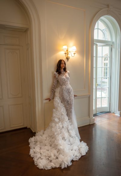 Chic And Romantic High-Neck Sheath Wedding Dress With Detachable Train by Pnina Tornai - Image 1