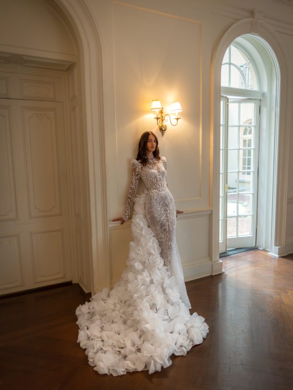 Chic And Romantic High-Neck Sheath Wedding Dress With Detachable Train by Pnina Tornai - Image 1