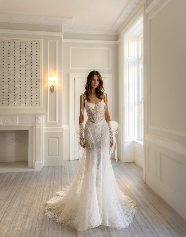 Chic And Romantic Lace Fit-and-Flare Wedding Dress With Bows by Pnina Tornai - Image 1