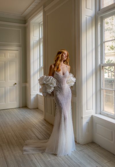 Chic and Modern Pearl Embellished Fit-and-Flare Wedding Dress by Pnina Tornai