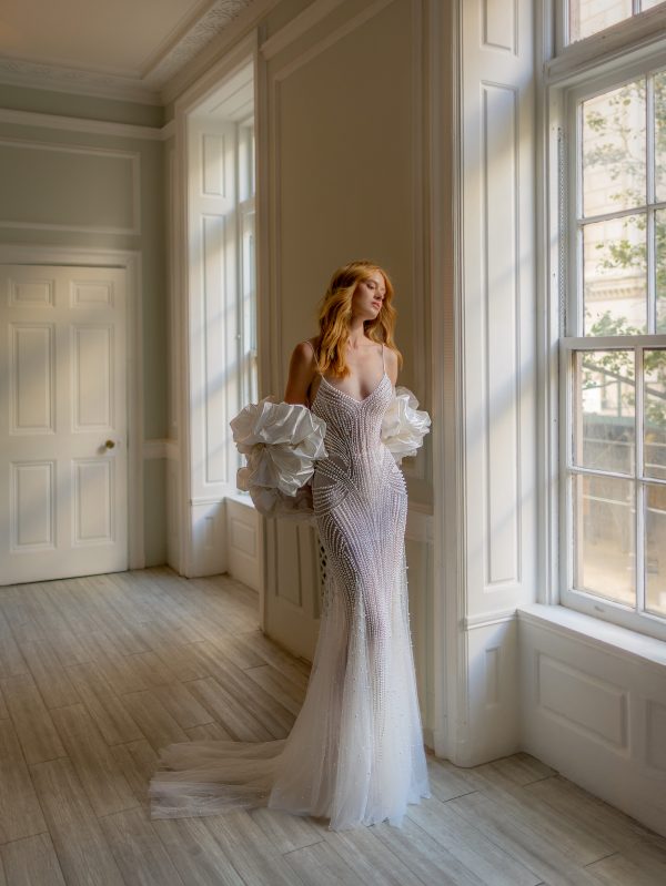 Chic and Modern Pearl Embellished Fit-and-Flare Wedding Dress by Pnina Tornai - Image 1