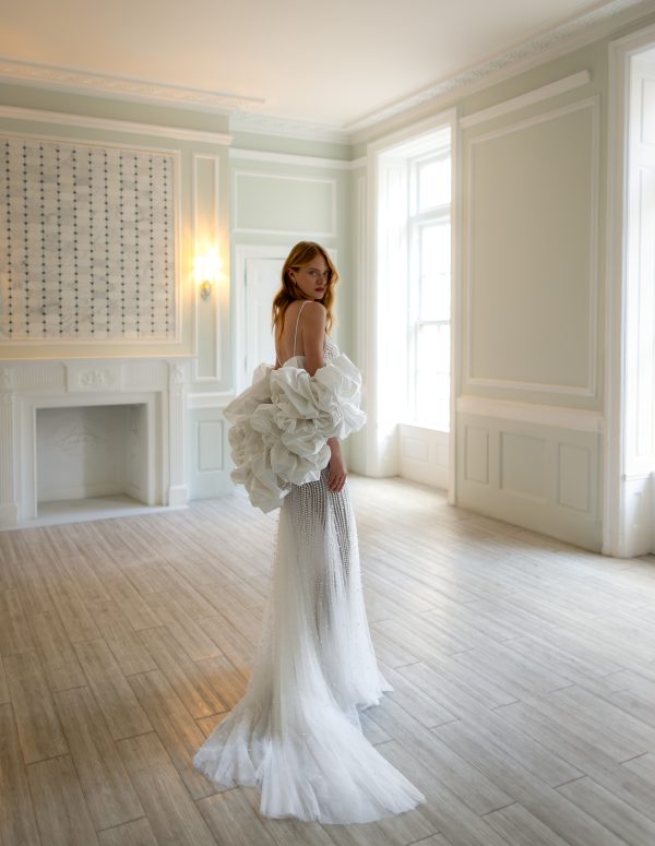 Chic and Modern Pearl Embellished Fit-and-Flare Wedding Dress by Pnina Tornai - Image 3