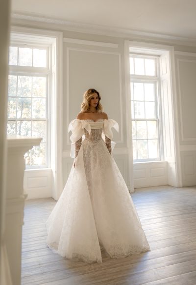 Romantic Off-The-Shoulder Long Sleeve Lace A-Line Wedding Dress With Bows by Pnina Tornai