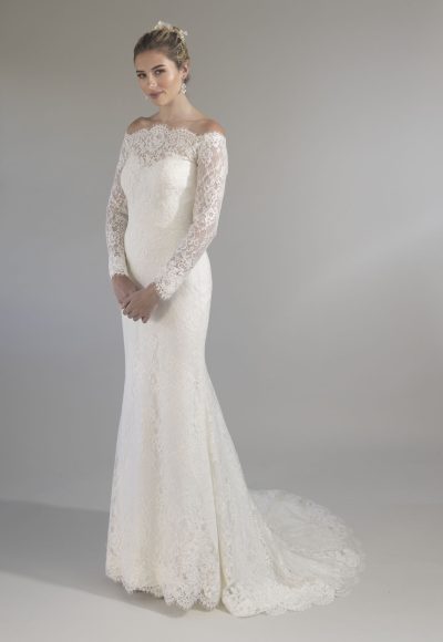 Classic Off-the-Shoulder Long Sleeve Lace Fit-and-Flare Wedding Dress With Buttons by Augusta Jones