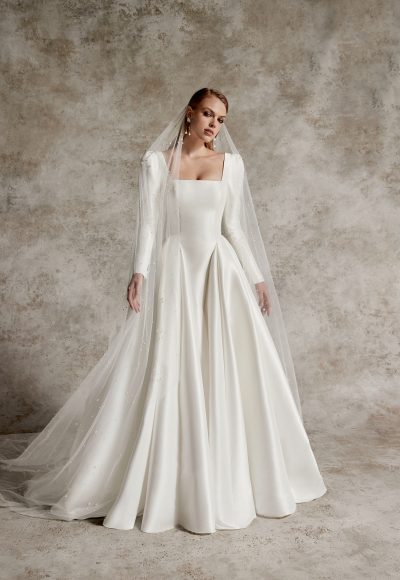 Chic And Dramatic Long Sleeve Silk Ball Gown With Buttons by Justin Alexander Signature