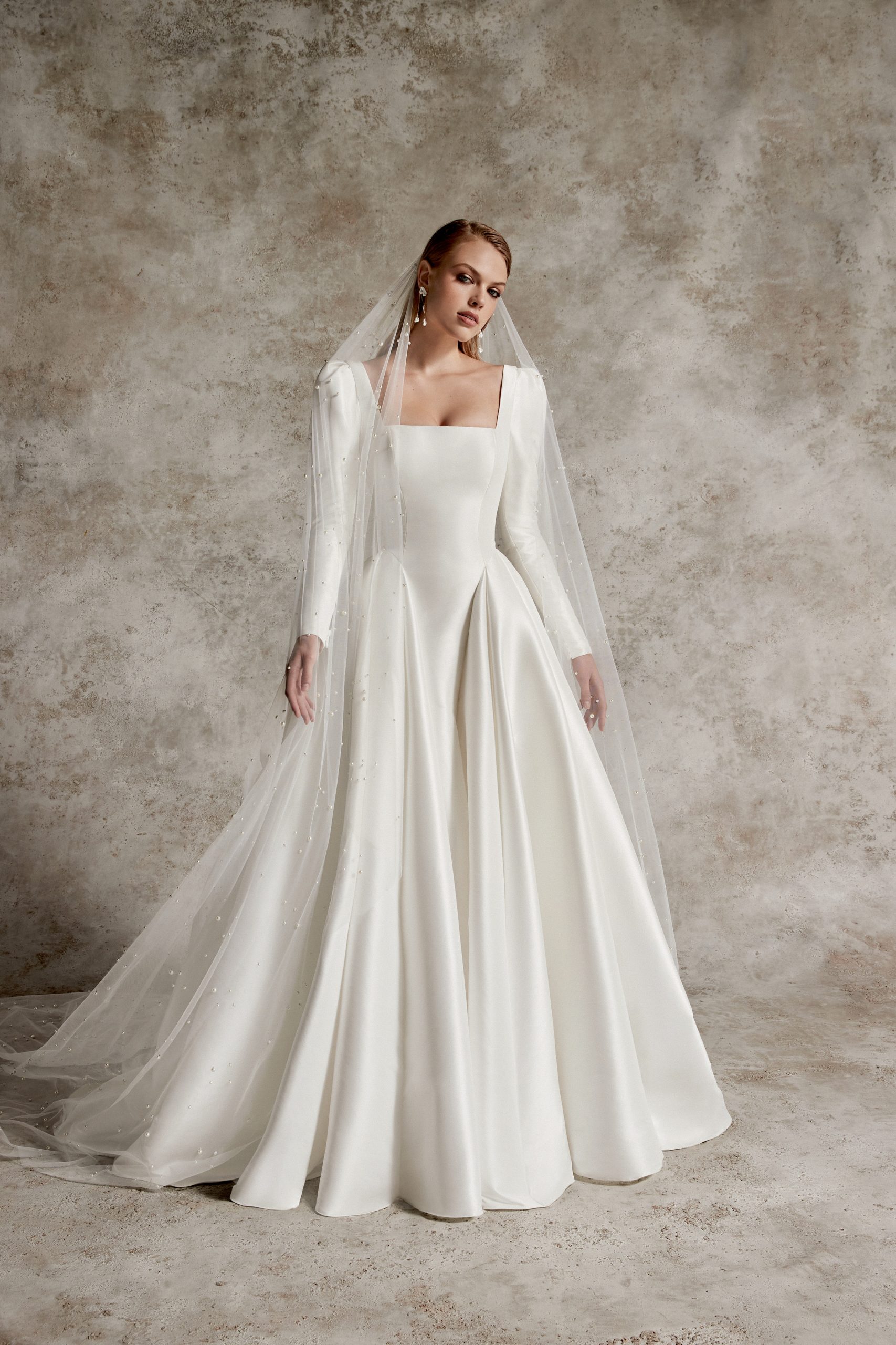 Chic And Dramatic Long Sleeve Silk Ball Gown With Buttons by Justin Alexander Signature - Image 1