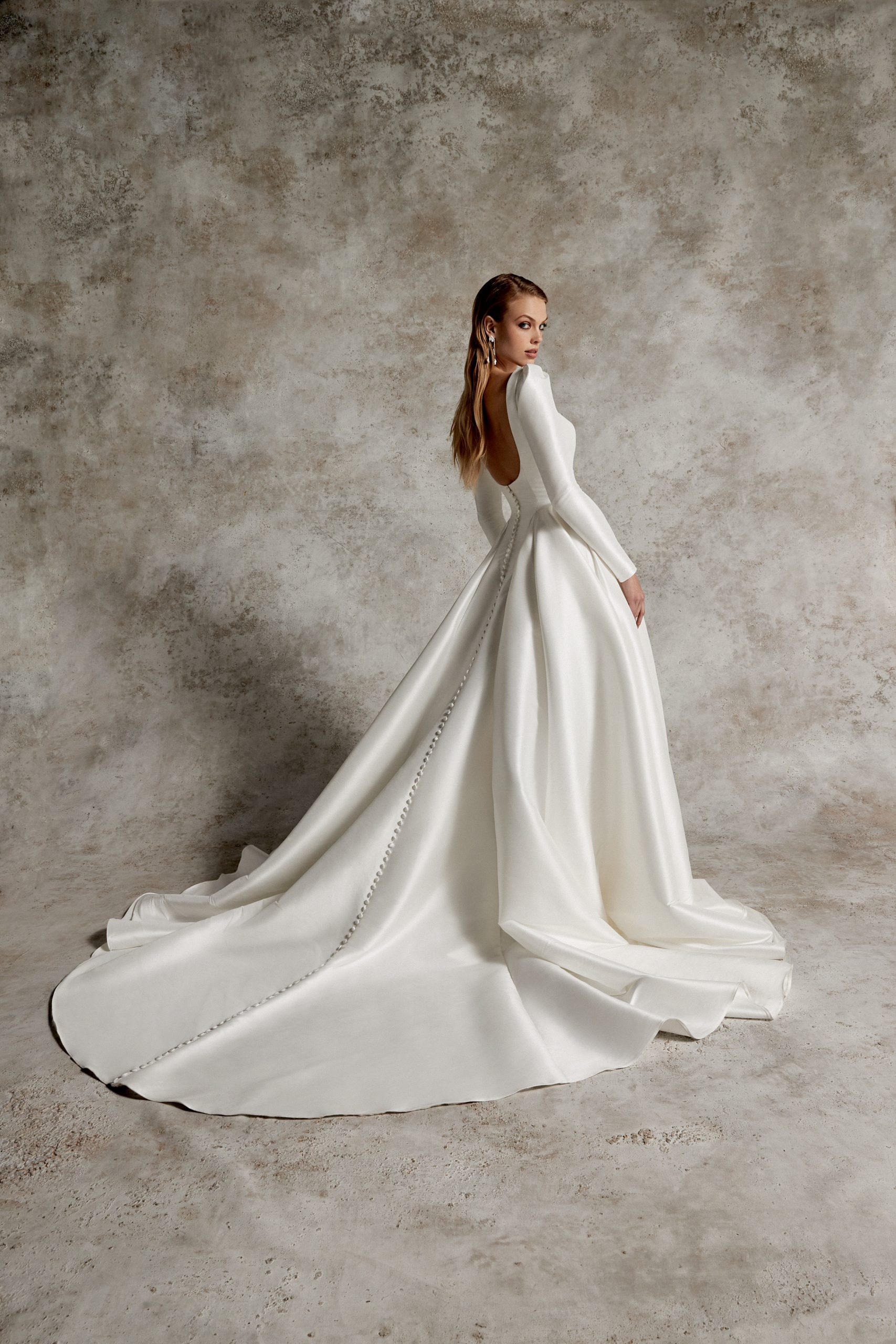 Chic And Dramatic Long Sleeve Silk Ball Gown With Buttons by Justin Alexander Signature - Image 2