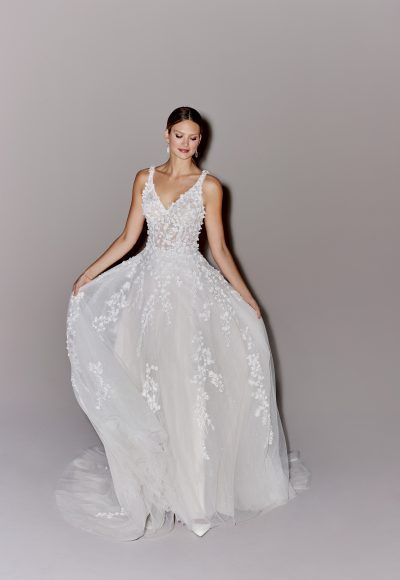 Whimsical And Romantic V-Neck Floral A-Line Wedding Dress With Open Back by Justin Alexander Signature