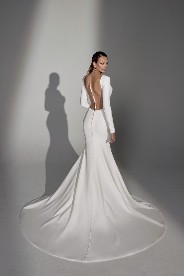 Chic And Simple Long Sleeve Fit-and-Flare Wedding Dress With Open Back And Buttons by Justin Alexander Signature - Image 2