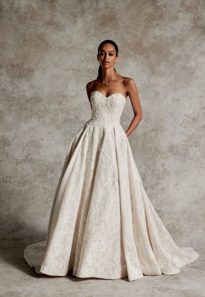 Intricately Beaded Strapless Lace Ball Gown With Buttons by Justin Alexander Signature