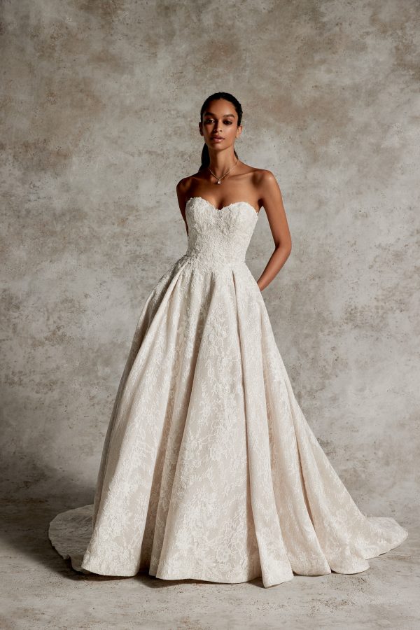 Intricately Beaded Strapless Lace Ball Gown With Buttons by Justin Alexander Signature - Image 1