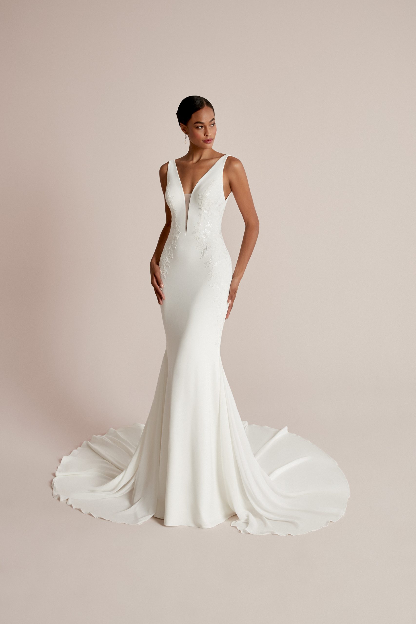 Chic And Sophisticated V-Neck Fit-and-Flare Wedding Dress With Detachable Train by Justin Alexander - Image 1