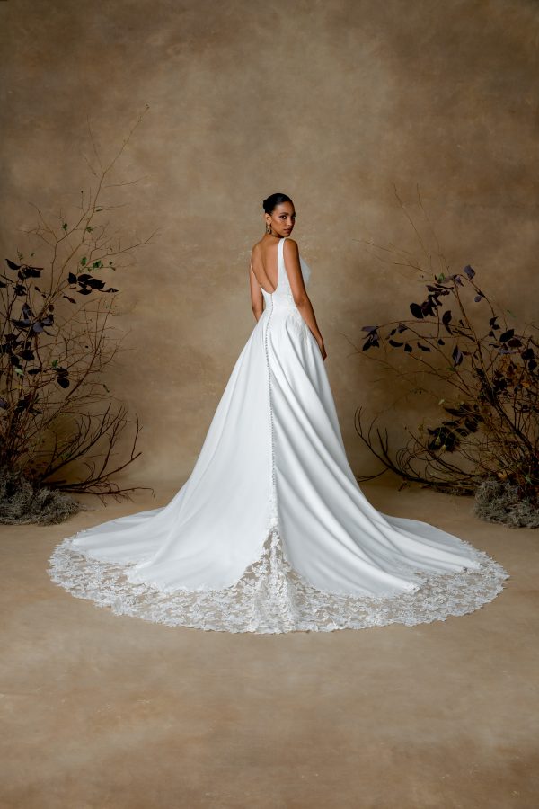 Classic And Dramatic V-Neck Satin Ball Gown With Lace Train by Justin Alexander - Image 2