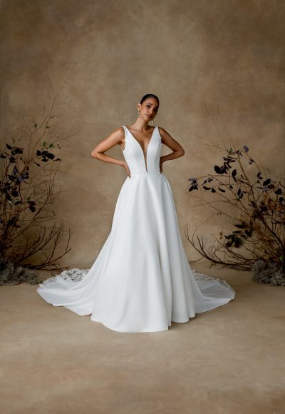 Classic And Dramatic V-Neck Satin Ball Gown With Lace Train by Justin Alexander