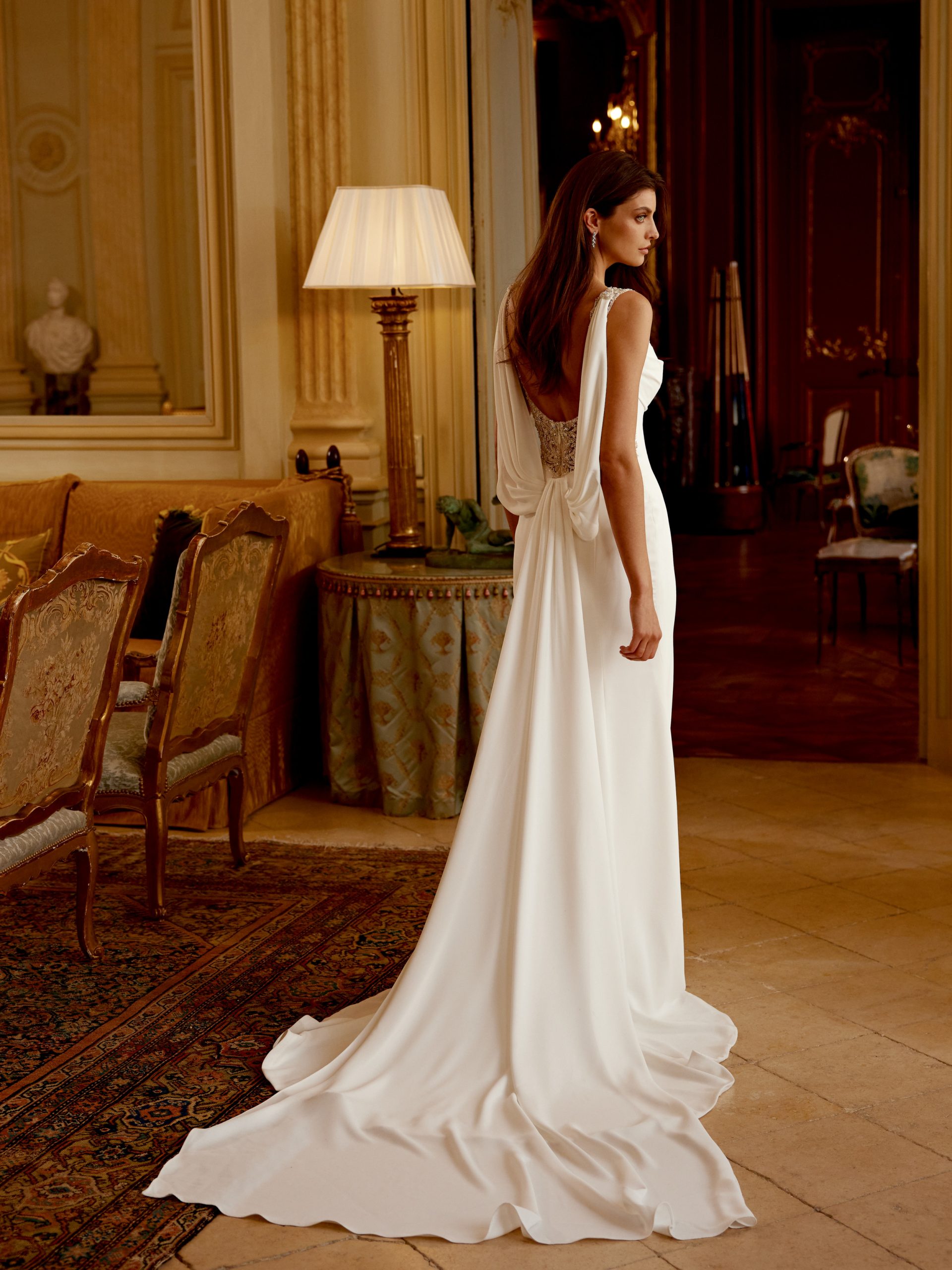 Elegant Scoop Neck Crepe Fit and Flare Wedding Dress With Embellished Back Kleinfeld Bridal