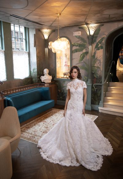 Chic And Regal Lace Fit-and-Flare Wedding Dress With Detachable Topper by Nardos