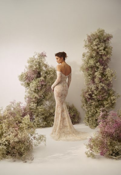 Embellished Lace Fit-and-Flare Wedding Dress With Off-the-Shoulder Long Sleeves And Overskirt by Nicole + Felicia - Image 2