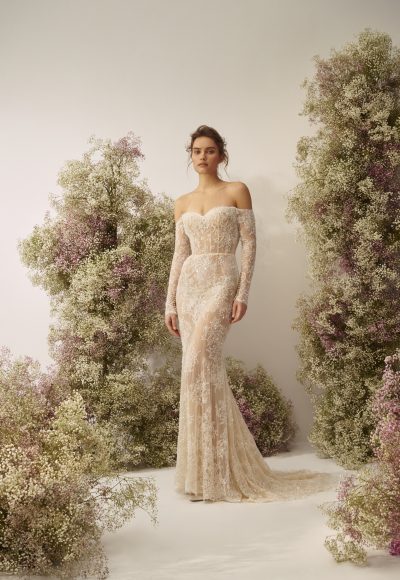 Embellished Lace Fit-and-Flare Wedding Dress With Off-the-Shoulder Long Sleeves And Overskirt by Nicole + Felicia