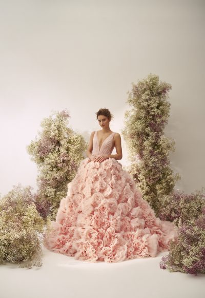 Dramatic And Romantic Couture V-Neck Floral Ball Gown by Nicole + Felicia