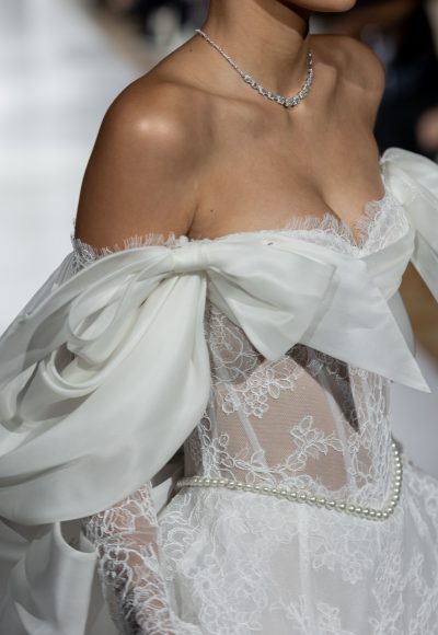 Romantic Off-The-Shoulder Long Sleeve Lace A-Line Wedding Dress With Bows by Pnina Tornai - Image 2