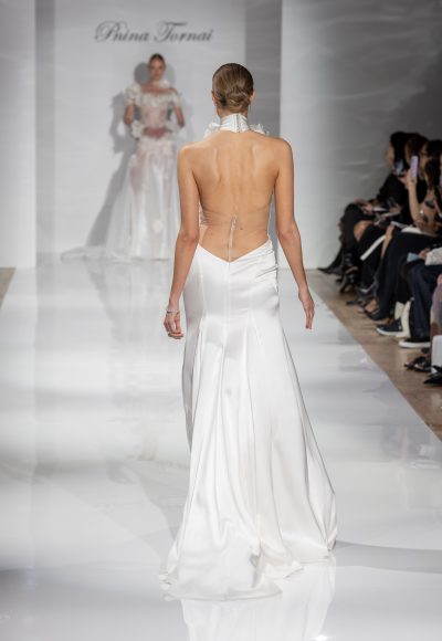 Sleek And Simple Satin Halter-Neck Fit-and-Flare Wedding Dress by Pnina Tornai - Image 2