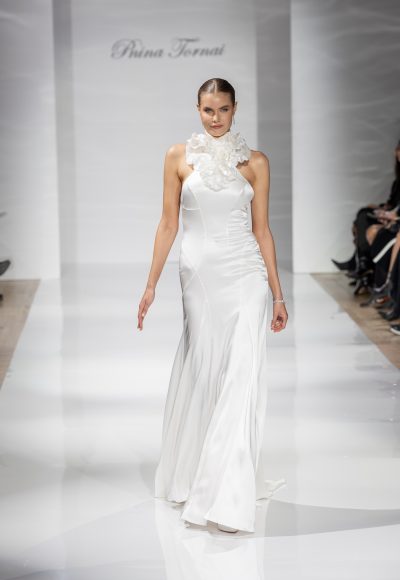 Sleek And Simple Satin Halter-Neck Fit-and-Flare Wedding Dress by Pnina Tornai