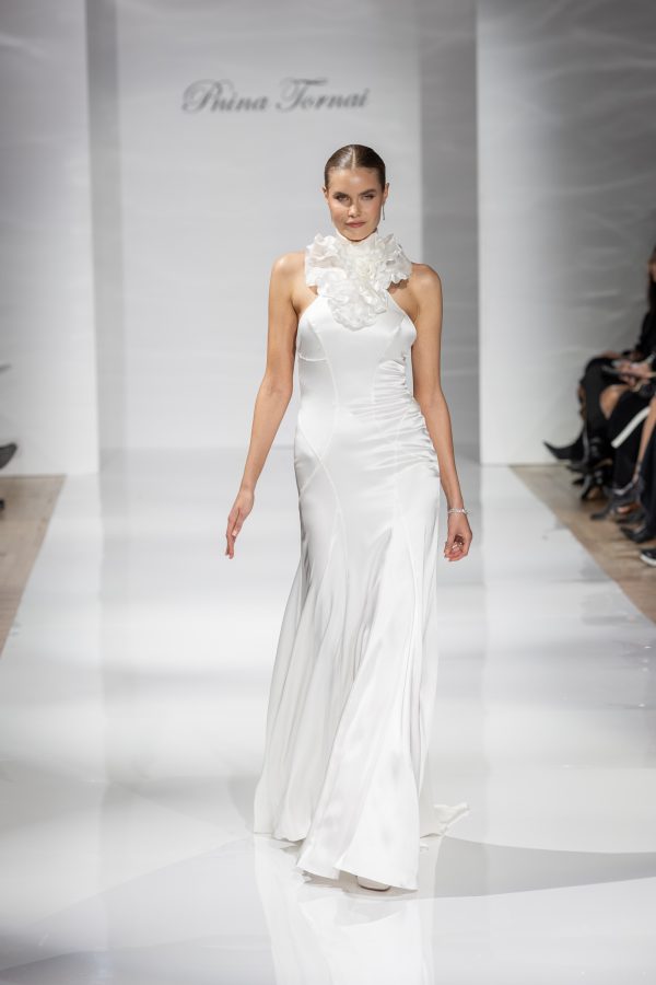 Sleek And Simple Satin Halter-Neck Fit-and-Flare Wedding Dress by Pnina Tornai - Image 5