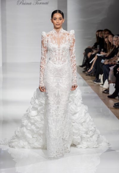 Chic And Romantic High-Neck Sheath Wedding Dress With Detachable Train by Pnina Tornai - Image 7