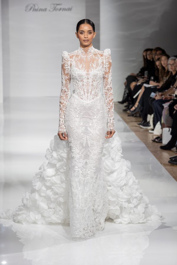 Chic And Romantic High-Neck Sheath Wedding Dress With Detachable Train by Pnina Tornai - Image 7