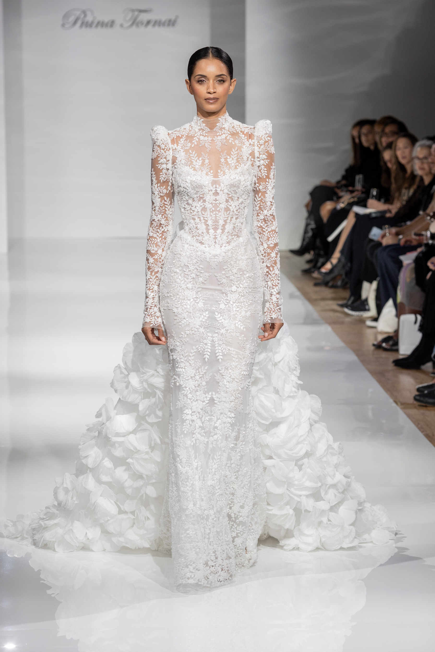 Chic And Romantic High-Neck Sheath Wedding Dress With Detachable Train by Pnina Tornai - Image 1