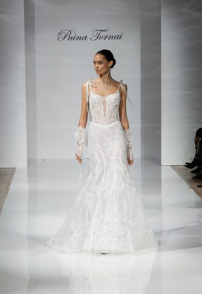 Chic And Romantic Lace Fit-and-Flare Wedding Dress With Bows by Pnina Tornai